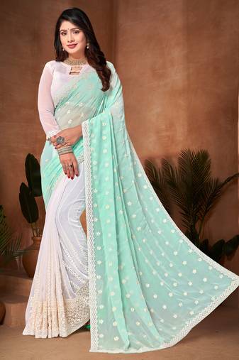 Half N Half Georgette Saree In Sky Blue With Matching Blouse Piece