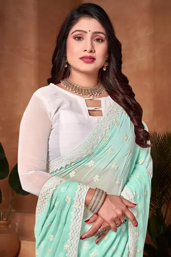 Half N Half Georgette Saree In Sky Blue With Matching Blouse Piece