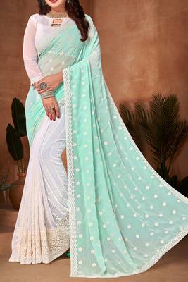 Half N Half Georgette Saree In Sky Blue With Matching Blouse Piece 4