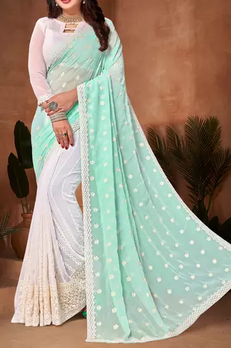 Half N Half Georgette Saree In Sky Blue With Matching Blouse Piece