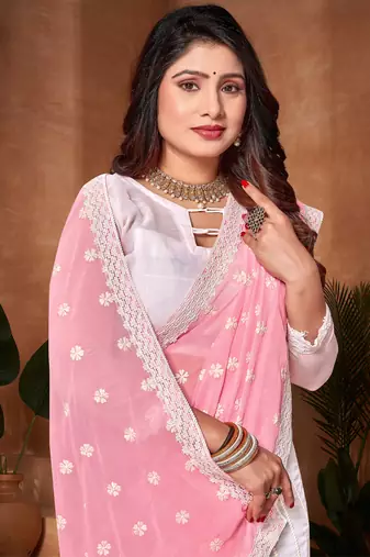 Half N Half Georgette Saree In Pink With Matching Blouse Piece
