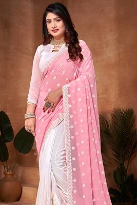 Half N Half Georgette Saree In Pink With Matching Blouse Piece 3