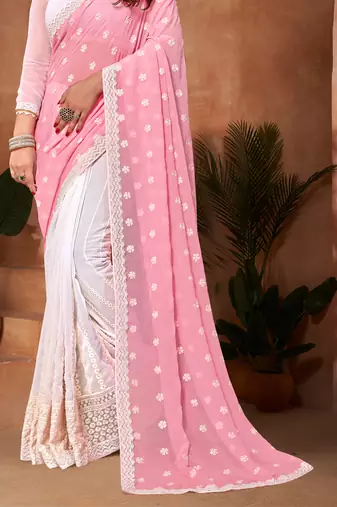 Half N Half Georgette Saree In Pink With Matching Blouse Piece