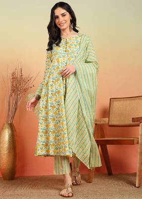  women's cotton ankle length notch neck full sleeves floral print anarkali with pant and dupatta (yellow) 1