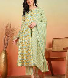  women's cotton ankle length notch neck full sleeves floral print anarkali with pant and dupatta (yellow)