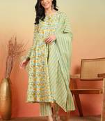 Yash gallery women's cotton ankle length notch neck full sleeves floral print anarkali with pant and dupatta (yellow)