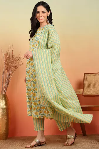  women's cotton ankle length notch neck full sleeves floral print anarkali with pant and dupatta (yellow)