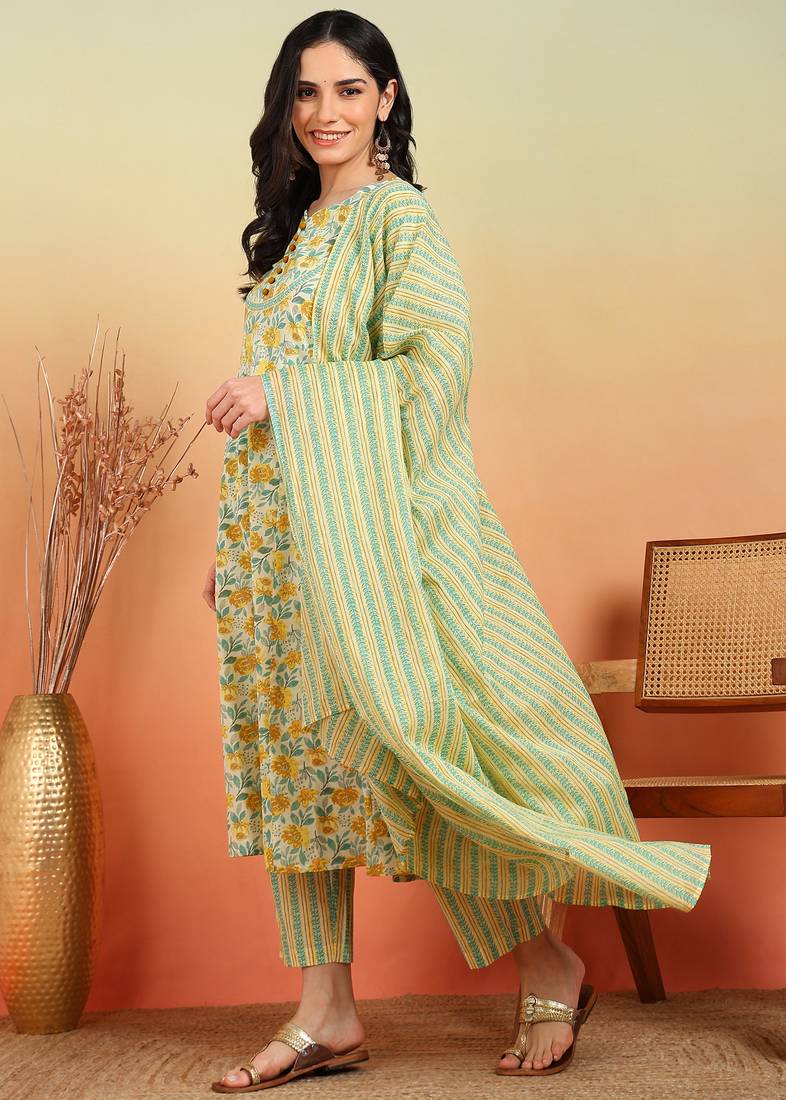 Yash gallery women's cotton ankle length notch neck full sleeves floral print anarkali with pant and dupatta (yellow)