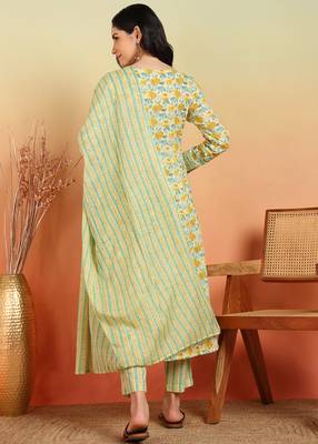  women's cotton ankle length notch neck full sleeves floral print anarkali with pant and dupatta (yellow) 3