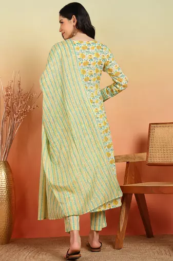 women's cotton ankle length notch neck full sleeves floral print anarkali with pant and dupatta (yellow)