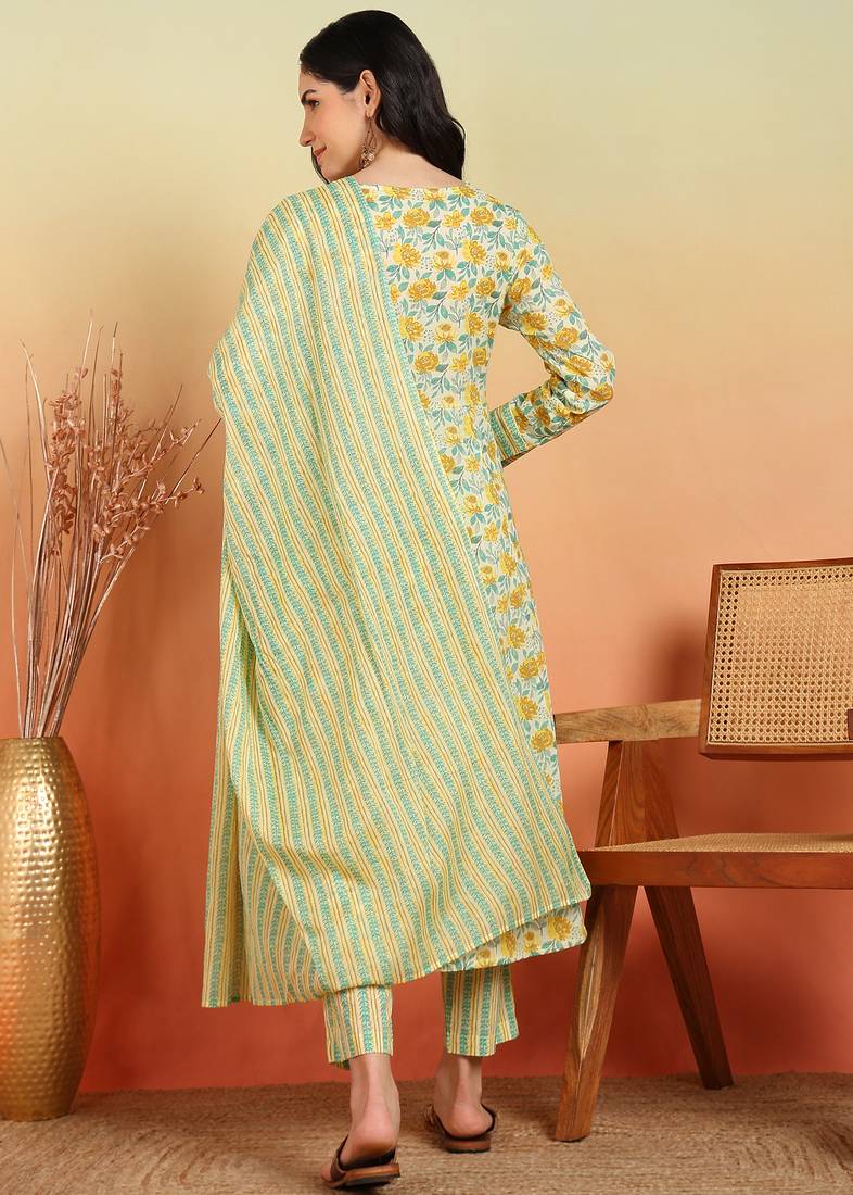 Yash gallery women's cotton ankle length notch neck full sleeves floral print anarkali with pant and dupatta (yellow)