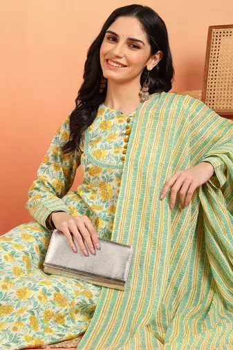  women's cotton ankle length notch neck full sleeves floral print anarkali with pant and dupatta (yellow)