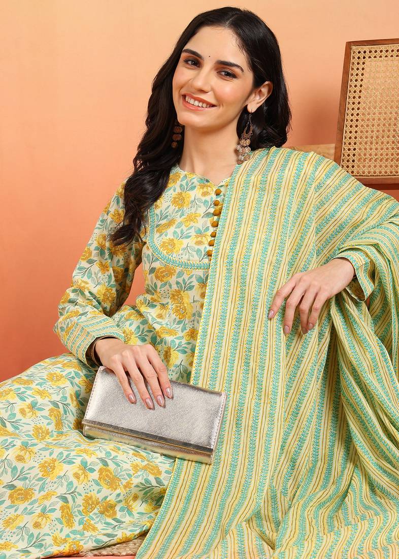 Yash gallery women's cotton ankle length notch neck full sleeves floral print anarkali with pant and dupatta (yellow)