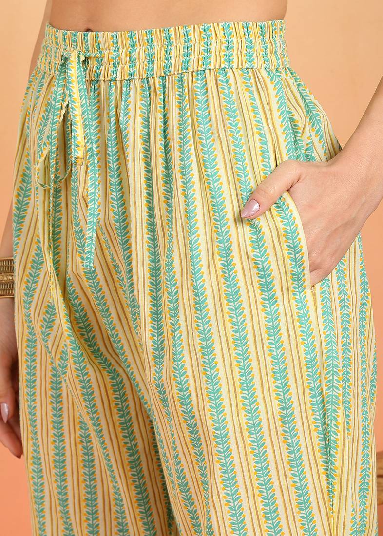 Yash gallery women's cotton ankle length notch neck full sleeves floral print anarkali with pant and dupatta (yellow)