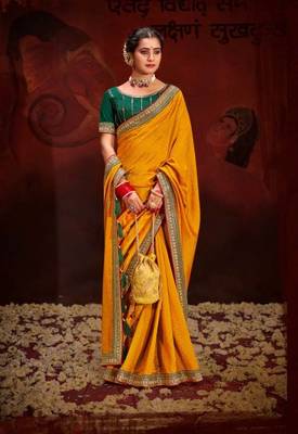 Beautiful Vichitra Blooming With Siroski Work & Sequence Work Border Saree 1