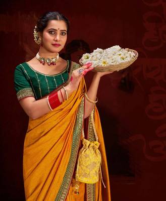 Beautiful Vichitra Blooming With Siroski Work & Sequence Work Border Saree 2