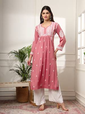 Coral hand embroidered rayon chikankari a-line kurti 1
