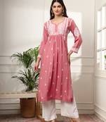 Coral hand embroidered rayon chikankari a-line kurti