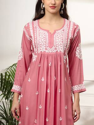 Coral hand embroidered rayon chikankari a-line kurti 3