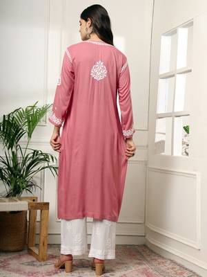Coral hand embroidered rayon chikankari a-line kurti 4