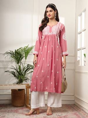 Coral hand embroidered rayon chikankari a-line kurti 5