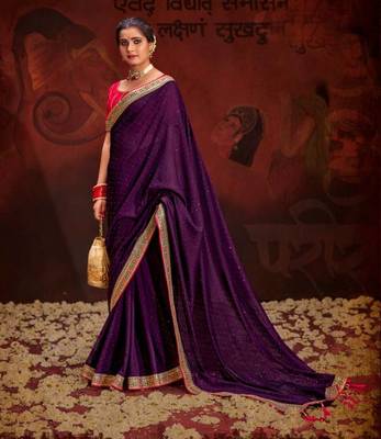 Beautiful Vichitra Blooming With Siroski Work & Sequence Work Border Saree 1