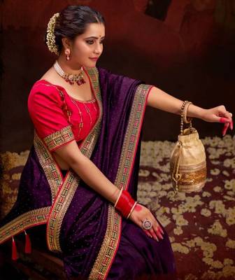 Beautiful Vichitra Blooming With Siroski Work & Sequence Work Border Saree 2