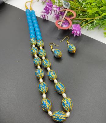 Sky Blue Ovel Glass Beads Necklace Set 1