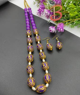 Purple Ovel Glass Beads Necklace Set 1