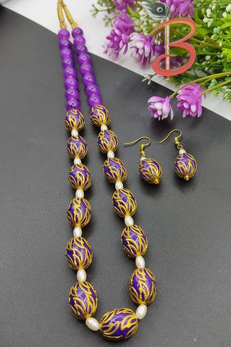 Purple Ovel Glass Beads Necklace Set
