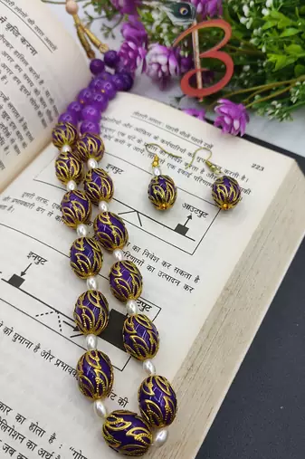 Purple Ovel Glass Beads Necklace Set