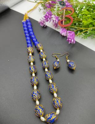 Blue Ovel Glass Beads Necklace Set 1