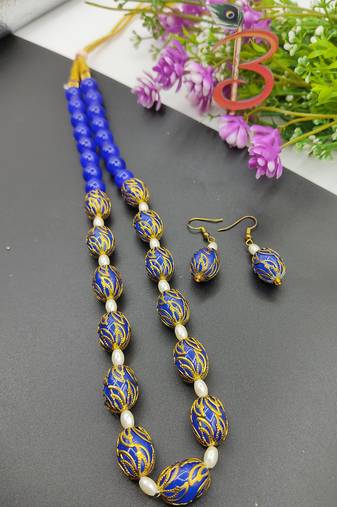 Blue Ovel Glass Beads Necklace Set