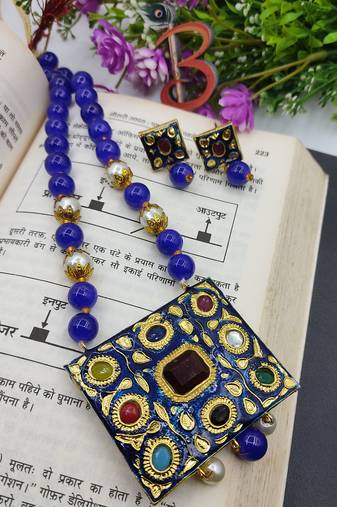 Blue Meenakari Navartan Necklace Set 