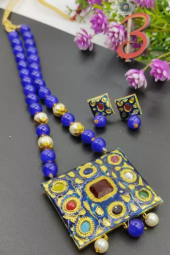 Blue Meenakari Navartan Necklace Set 
