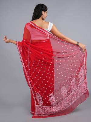 Red georgette lucknowi saree 2