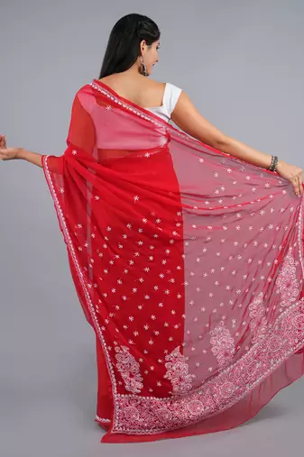Red georgette lucknowi saree