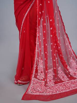 Red georgette lucknowi saree 3