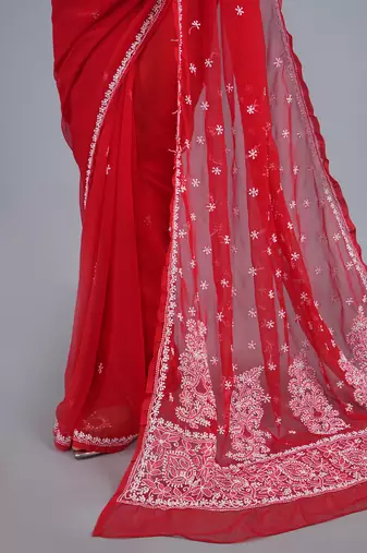 Red georgette lucknowi saree