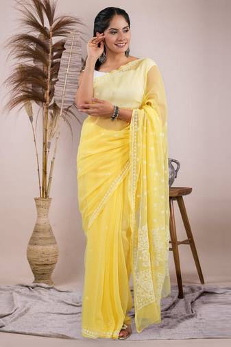 Yellow Georgette Saree with Lucknowi Work