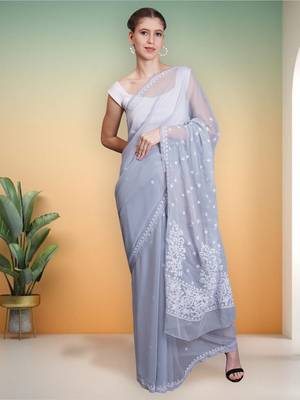 Grey georgette lucknowi saree 1