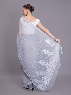 Grey georgette lucknowi saree 2