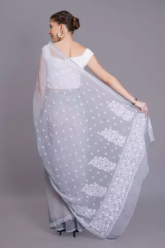 Grey georgette lucknowi saree