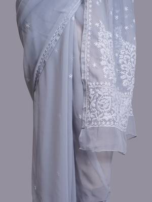 Grey georgette lucknowi saree 3