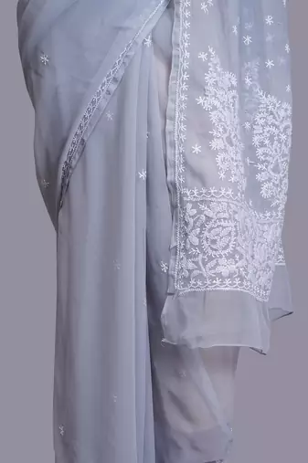 Grey georgette lucknowi saree
