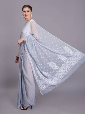 Grey georgette lucknowi saree 4