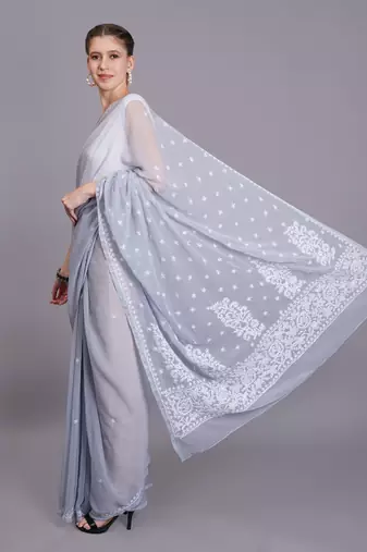 Grey georgette lucknowi saree