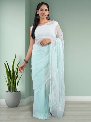 Light green georgette lucknowi saree 1