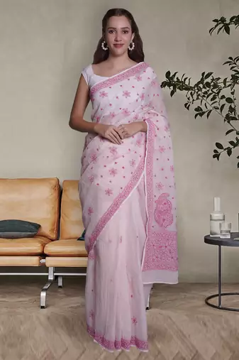 Pink kota lucknowi saree