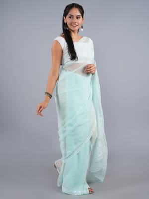 Light green georgette lucknowi saree 4